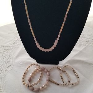 Pink and Gold Long Necklace with 4 stretch bracelets